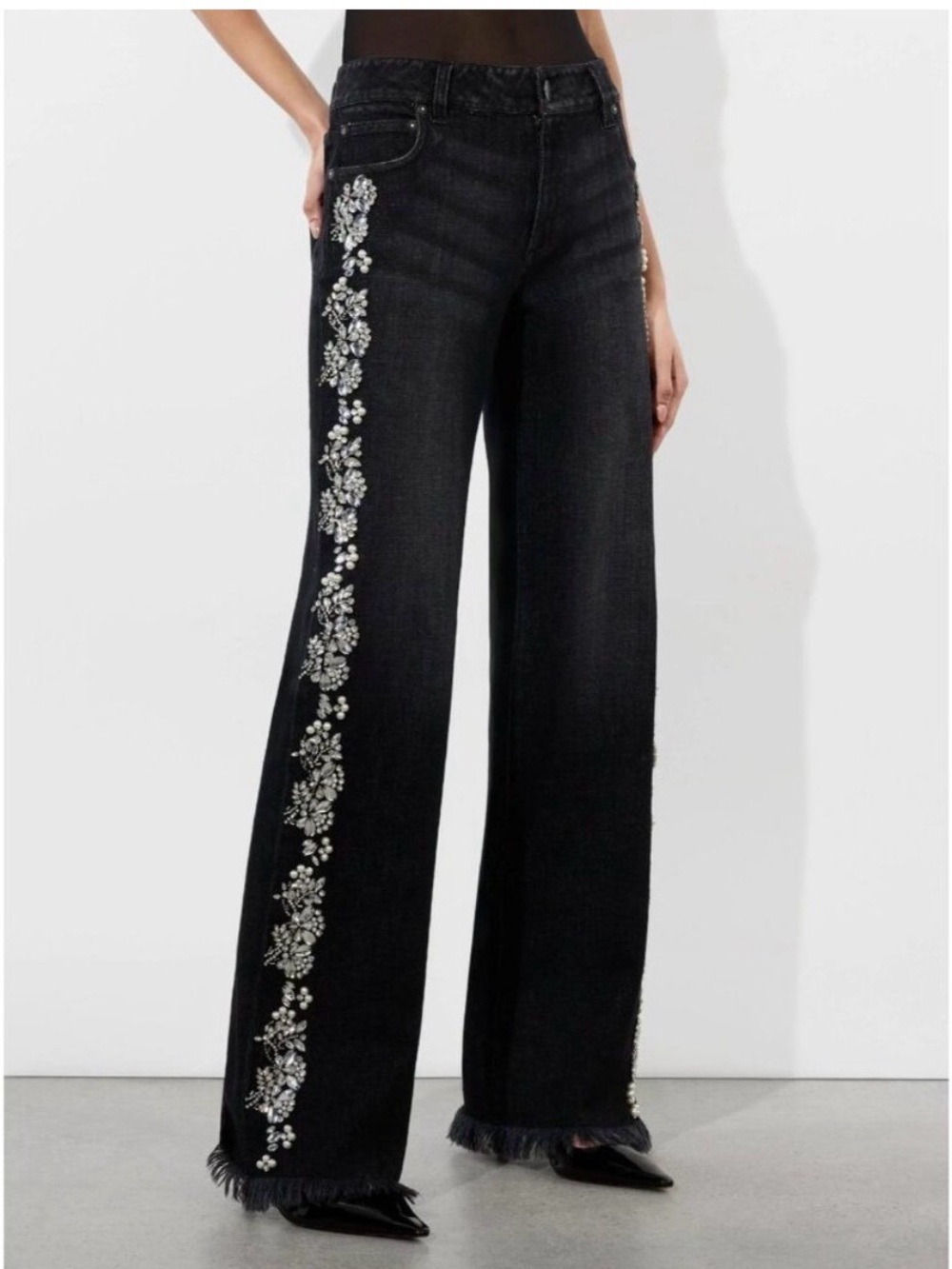 Alice + Olivia Black Wide-Leg Jeans with Silver Floral Embellishments - Picture 1 of 6